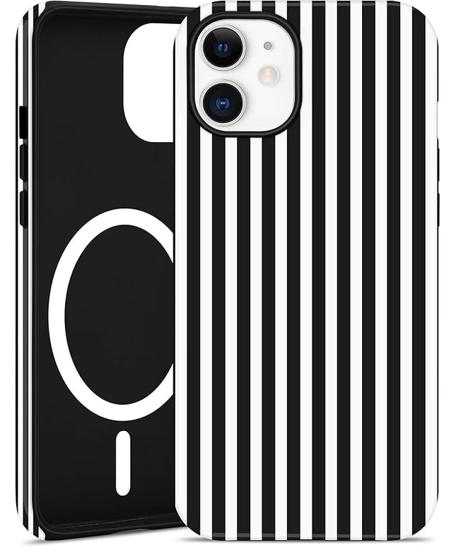 Jusy Compatible with MagSafe Striped Phone Case for iPhone 11 Pro Max, Cute Aesthetic Magnetic Soft TPU and Hard PC Protective Phone Cover for Women Girls (Matte) - Black