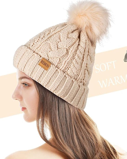 REDESS Women Winter Pompom Beanie Hat with Warm Fleece Lined, Thick Slouchy Snow Knit Skull Ski Cap