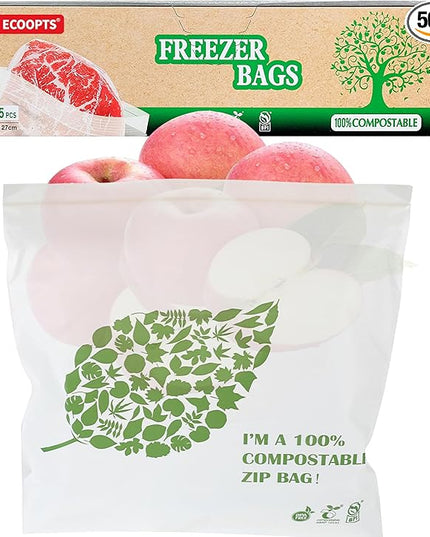 Compostable Gallon Size Food Storage Bags Freezer and Leak Proof, (25 Eco Zip) Seal well for Fruit,Food and Vegetable Plant-Based BPA-free (50)