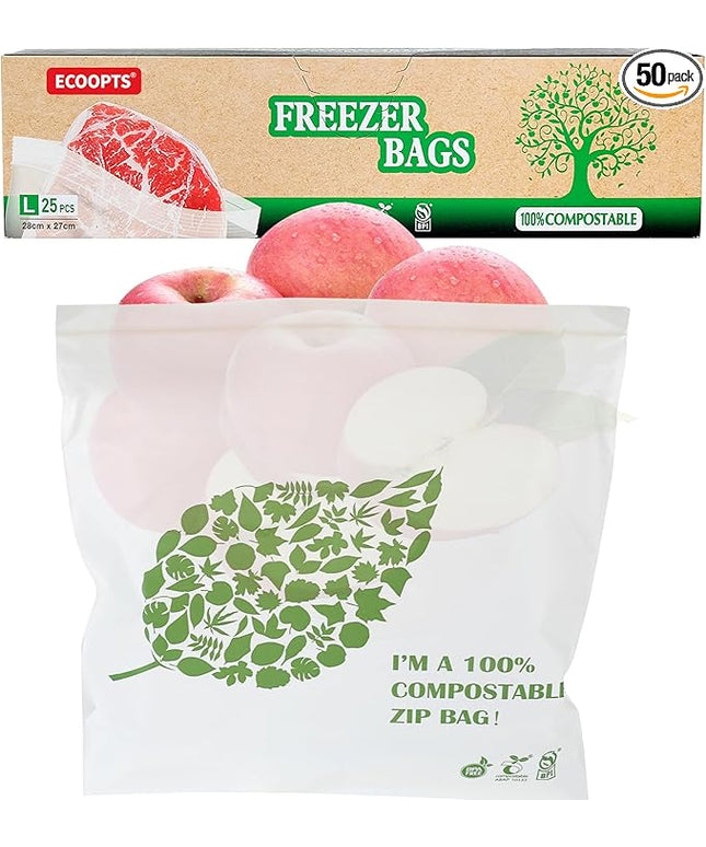 Compostable Gallon Size Food Storage Bags Freezer and Leak Proof, (25 Eco Zip) Seal well for Fruit,Food and Vegetable Plant-Based BPA-free (50)