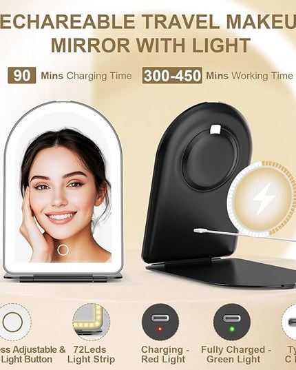 Mocado Travel Makeup Mirror with Light, 1x/10x Magnifying Mirror with Light, 3 Colors Lighted Magnifying Mirror, 2000mAh Rechargeable Lighted Makeup Mirror, Memory Function (Arched-Black)