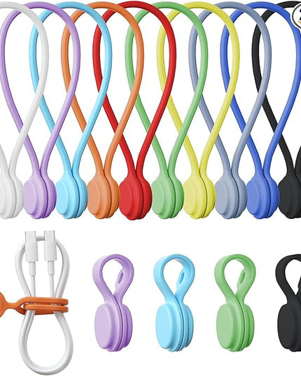 Tounee Reusable Silicone Magnetic Cable Ties - 2 Sizes Combo (4pcs 2.56'' + 20pcs 7.16'') - Multi-Purpose for Cable Bundling, Organizing, Bookmarks & Fridge Magnets - Assorted Colors, Pack of 24