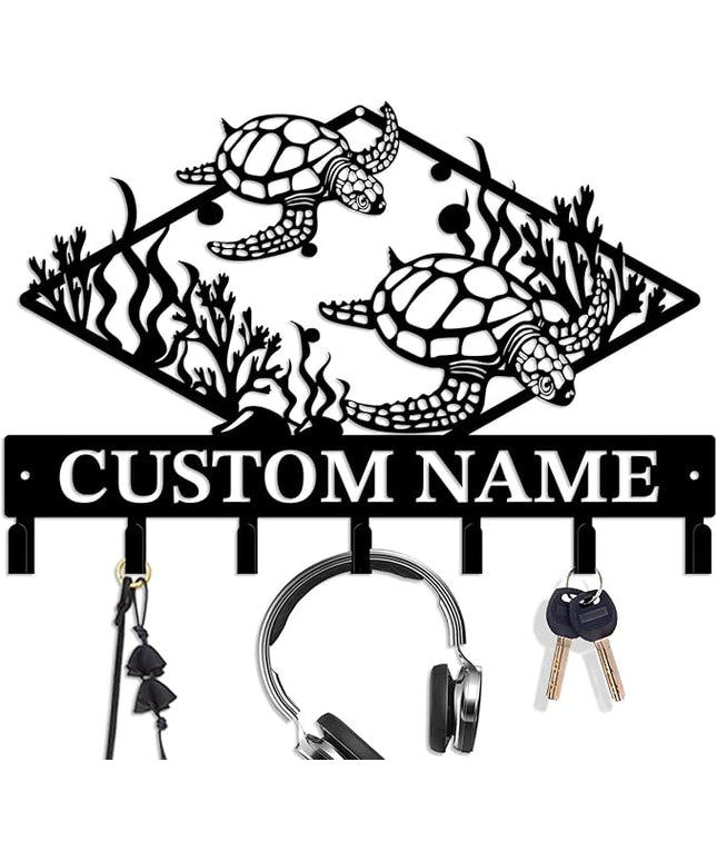 Casebrick Custom Sea Turtle Metal Wall Hooks,Key Holder-Personalized Iron Wall Decor for Keys, Coats & Home Organization (Black, Handmade,Decorative for Entryway, Beach,Bedroom,Office) (Style G)