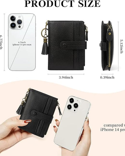 Blucoay Leather Wallet Women,RFID Blocking Small Wallet for Women Compact Card Holder Bifold Tassel Wallet Coin Purse With ID Window lzblack