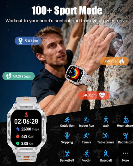 2.0" Military Smart Watch for Men with Flashlight, Make/Answer Calls, 1000mAh, IP68 Waterproof, 100+ Sport Modes Fitness Tracker for Workout Outdoor iOS Android Compatible, Silver