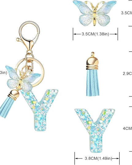 Fashion Alphabet Initial Letter Keychain Tassel Butterfly Pendant Key Ring for Purse Handbags Women Girl