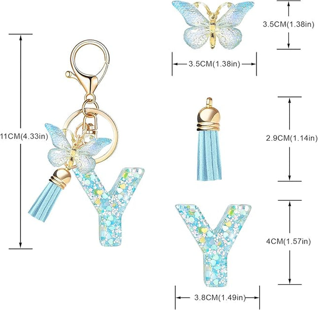 Fashion Alphabet Initial Letter Keychain Tassel Butterfly Pendant Key Ring for Purse Handbags Women Girl