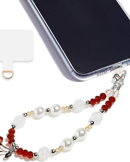 Marble Beaded Phone Wrist Strap,Detachable Phone Bracelet Strap with Tether Tab,Hands-Free Wristlet Strap (Red Cherry)