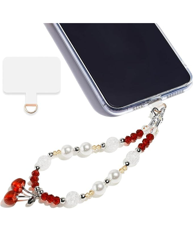 Marble Beaded Phone Wrist Strap,Detachable Phone Bracelet Strap with Tether Tab,Hands-Free Wristlet Strap (Red Cherry)
