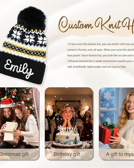 Personalized Beanie for Women Custom Knit with Name, Winter Hat with Pom Pom, Soft Lined Warm Hat, Birthday Gift