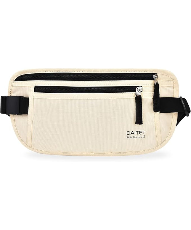 RFID Blocking Money Belt for Men Women, Slim Fanny Pack for Travel，Running,Conceal Waist Wallet for Passport Holder,Phone,Cash(Cream White)