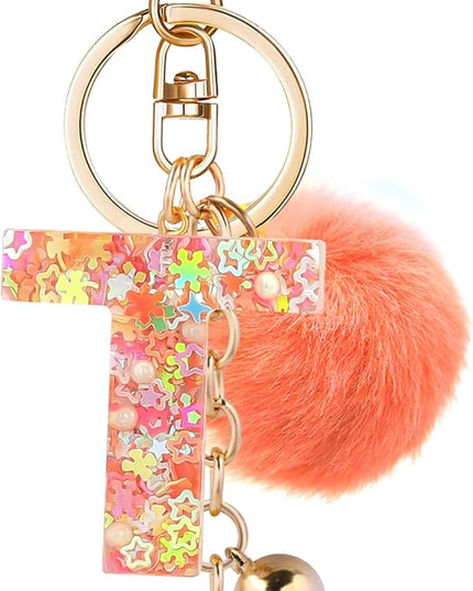 Resin Alphabet Initial Letter Keychain Keyring for Women Purse Handbags With Fur Ball Pom