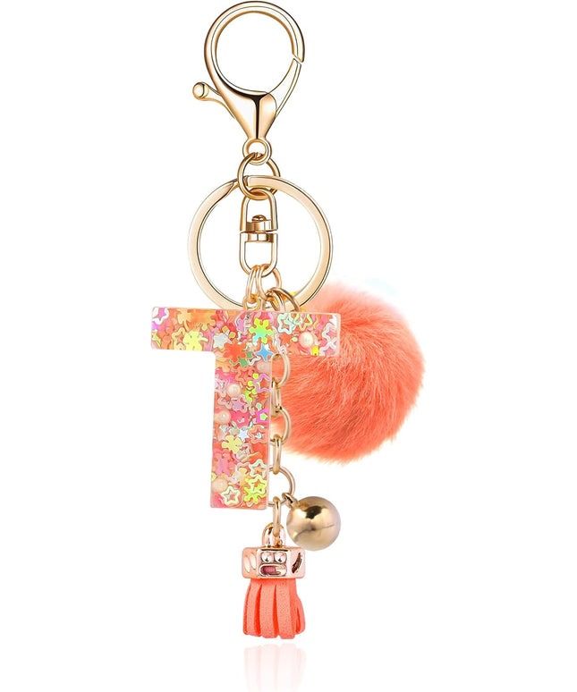 Resin Alphabet Initial Letter Keychain Keyring for Women Purse Handbags With Fur Ball Pom
