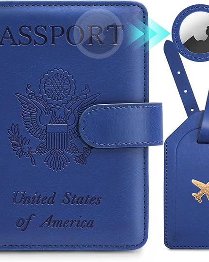 2 Pack Passport Holder For Travel with Slot for AirTag & Luggage Tag Cover – RFID Blocking Passport Holder for Travel Women/Men | PU Leather Passport Case with Pocket, Blue/Pink