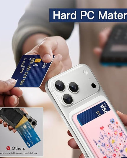 Stronger Magnetic Card Slot Wallet for iPhone 17/16/15/14/13/12 Series (Not for 13/12 Mini), Flower Pattern Hard Card Holder Fit 3 Cards Compatible with Magsafe Accessories, Pink