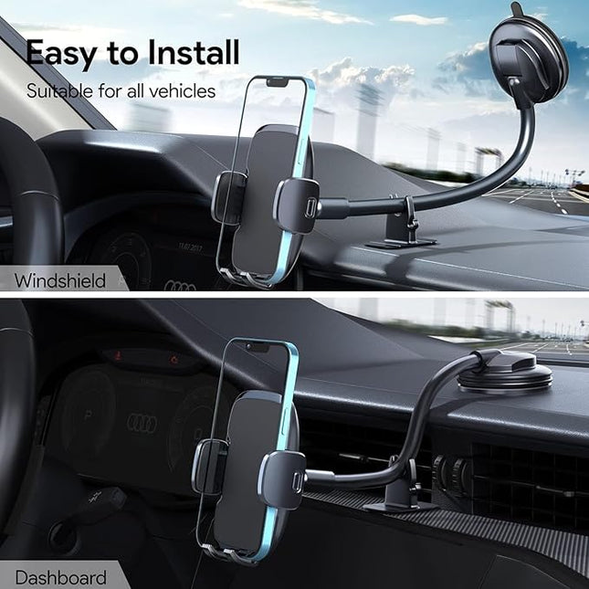 Phone Mount for Car Holder 6.2IN Windshield Dashboard Mounting Kits [Washable Strong Suction Cup] Cell Phone Holder Car Mounts for All iPhone Android Smartphone, Grey