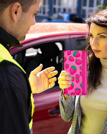 Car Registration and Insurance Holder with Magnetic Closure, Universal Document Organizer for License, Insurance Cards & Glove Box Storage (Strawberry-Hot Pink)