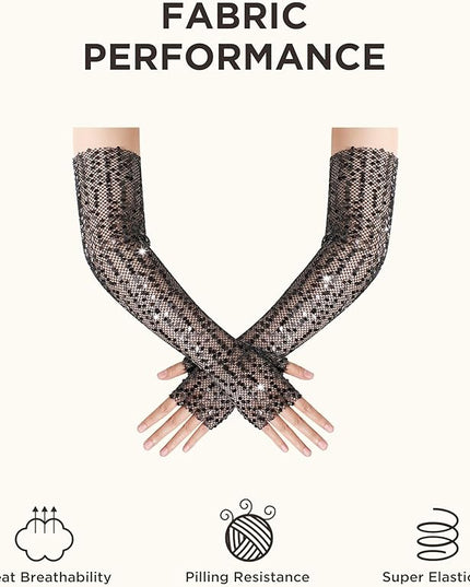 BABEYOND Opera Gloves for Women - Long Fingerless Sequin Sparkling Glitter Gloves Tea Party Stretchy Adult Size Elbow Length