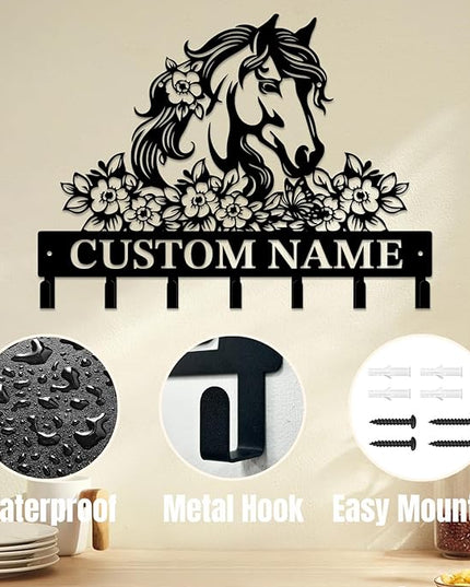 Personalized Custom Name Farm Horse Wall Key Hooks,Metal Horse Art Clothes Hooks,Metal Horse Wall Home Storage Decorative,For Front Door, Hallway, Kitchen, Bedroom,Keys,Hats (Style C)