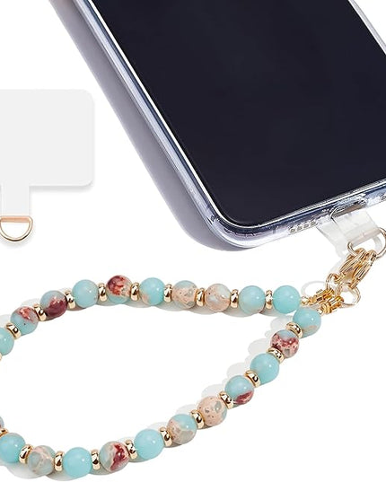 Marble Beaded Phone Wrist Strap,Detachable Phone Bracelet Strap with Tether Tab,Hands-Free Wristlet Strap (Green Shoushan)