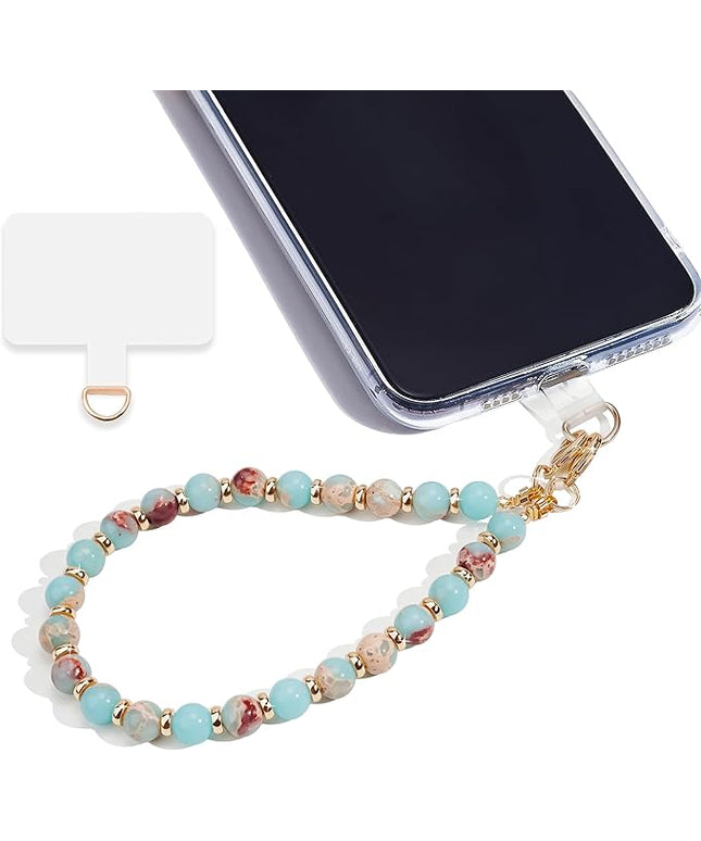 Marble Beaded Phone Wrist Strap,Detachable Phone Bracelet Strap with Tether Tab,Hands-Free Wristlet Strap (Green Shoushan)