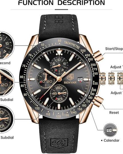 BY BENYAR Watch for Men Analog Quartz Chronograph Waterproof Luminous Designer Mens Wrist Watches Business Work Sport Casual Dress Watch with Silicone Strap Elegant Gifts for Men