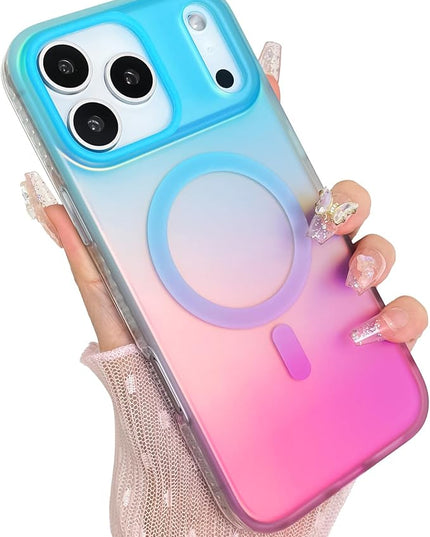 Aesthetic Case for iPhone 17 Pro Max Case for Women Girls [Compatible with Magsafe] Cute Girly Trendy Glitter Sparkly Rainbow Magnetic Protective Phone Cover, Matte Iridescent Blue & Pink