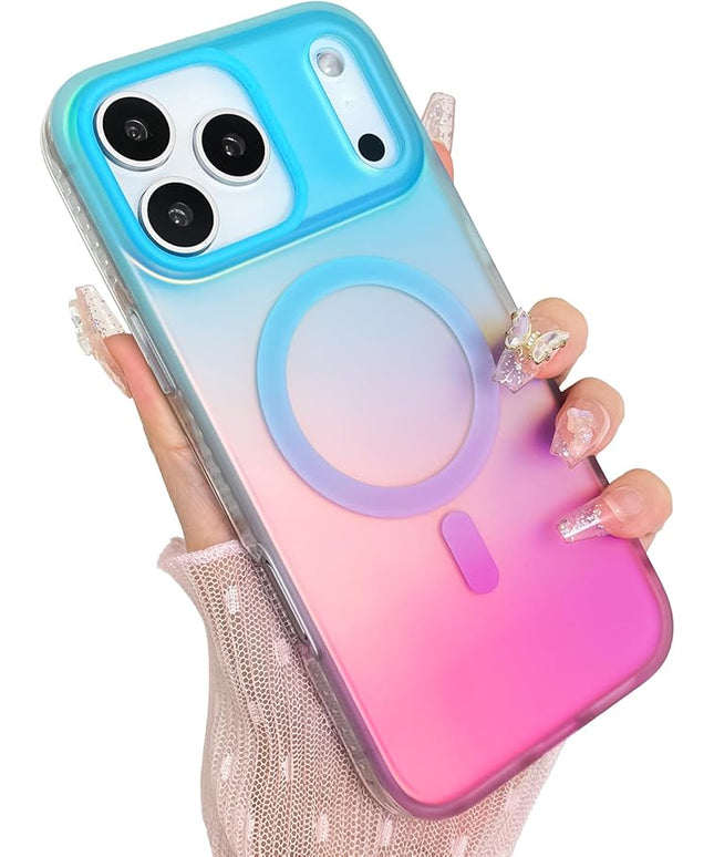 Aesthetic Case for iPhone 17 Pro Case for Women Girls [Compatible with Magsafe] Cute Girly Trendy Glitter Sparkly Rainbow Magnetic Protective Phone Cover, Matte Iridescent Blue & Pink