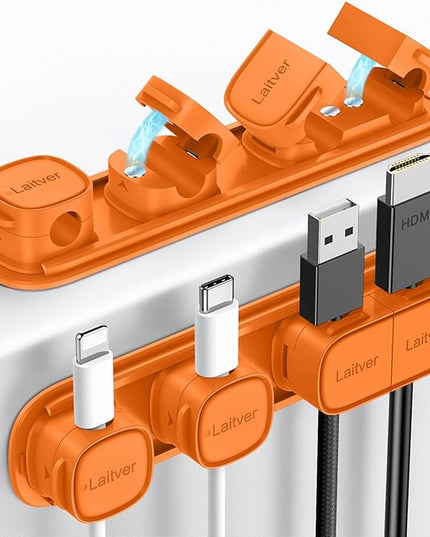 6 Pack Magnetic Cable Clips [1s Open/Lock], Laitver Cord Organizer Holder Strong Adhesive Desk Cable Management- Organize Charging Cords Neatly for Home, Office, Car,Desk, Nightstand-Orange