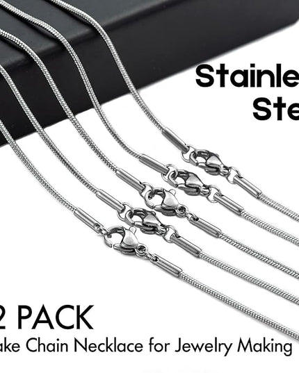 12 Pack Necklace Chains 24 Inches Stainless Steel Snake Chain Necklace with Lobster Clasps for DIY Jewelry Making, 1.2 mm