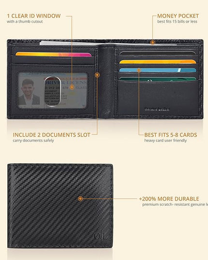 Oak Leathers Slim Leather Wallet for Men - RFID Blocking Slim Minimalist Front Pocket - Thin & Stylish with ID Window, Gift For Men (Small,01Black Carbon Fibre)
