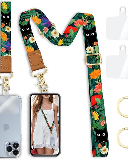 Phone Lanyard Crossbody with Wrist Strap, Flower Cat Cell Phone Lanyards for around the Neck Wristlet Adjustable Strap Cute for Keys Case ID Badges Accessories