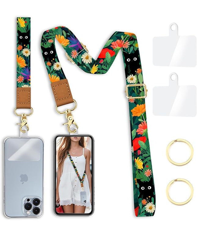 Phone Lanyard Crossbody with Wrist Strap, Flower Cat Cell Phone Lanyards for around the Neck Wristlet Adjustable Strap Cute for Keys Case ID Badges Accessories