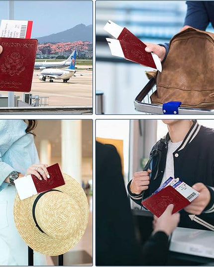 Passport Holder Cover Wallet Case RFID Blocking Leather Card Slot Travel Accessories Documents Organizer Protector for Women Men, Wine Red