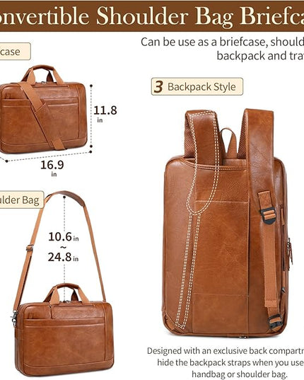Faux Leather Messenger Bag for Men | 17-17.3 Inch Leather Mens Laptop Bag Leather Briefcasen Convertible Backpack 3 in 1 Computer Handbags Work Bag Shoulder Crossbody Bag Office | Vintage Brown