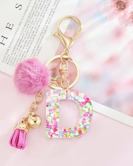 Resin Alphabet Initial Letter Keychain Keyring for Women Purse Handbags With Fur Ball Pom