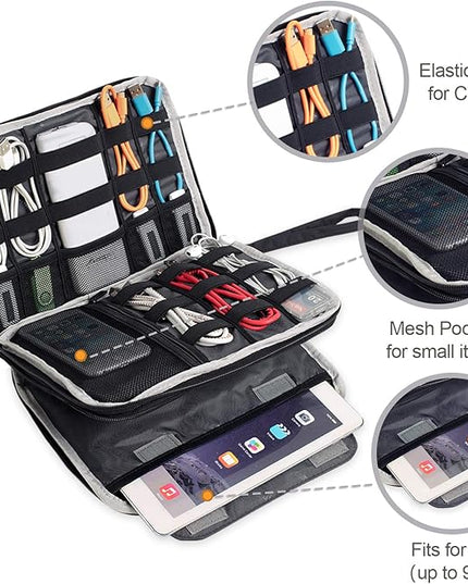 BUBM Double Layer Electronics Organizer, Travel Gadget Bag for Cables, Memory Cards, Flash Hard Drive and More, Fit for iPad or Tablet(up To 9.7")--Large, Gray