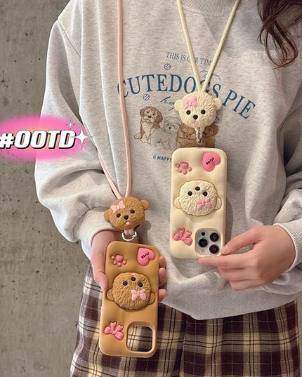 Case Compatible with iPhone 12 Pro Max,Cute 3D Kawaii Funny Dog Stand White Cartoon Cover with Keychain Soft Silicone Gel Drop Protector Women Girls
