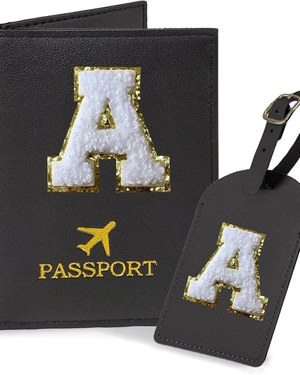 COSHAYSOO Black Passport Cover Holder and Initial Luggage Tag Set TSA Approved with Personalized Monogram Chenille Letter Patch for Women Teen Girls, Cute Travel Bag Suitcase Identifier (A)