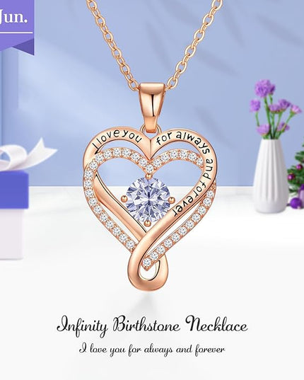 Infinity Love Heart Birthstone Necklace for Women Wife, S925 Sterling Silver Anniversary for Women Wife Birthday Gift for Her Girlfriend Mom Daughters, I Love You Women's Jewelry 18k Rose Gold Filled