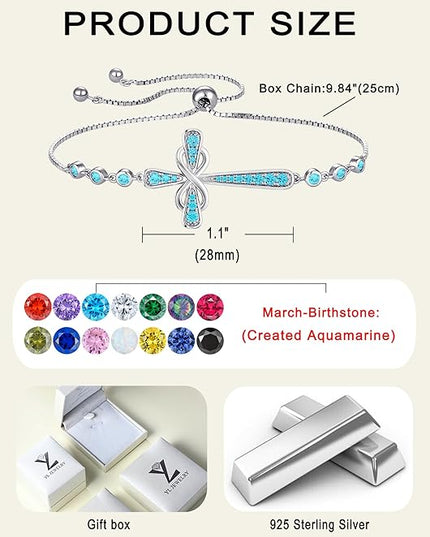 YL Cross Bracelet 925 Sterling Silver Infinity Sideways Link Bracelet Birthstone Jewelry for Women