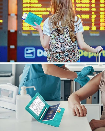 ACdream Passport and Vaccine Card Holder Combo, Cover Case with CDC Vaccination Card Slot, Leather Travel Documents Organizer Protector, with RFID Blocking, for Women and Men, C - Sky Blue, Fashion