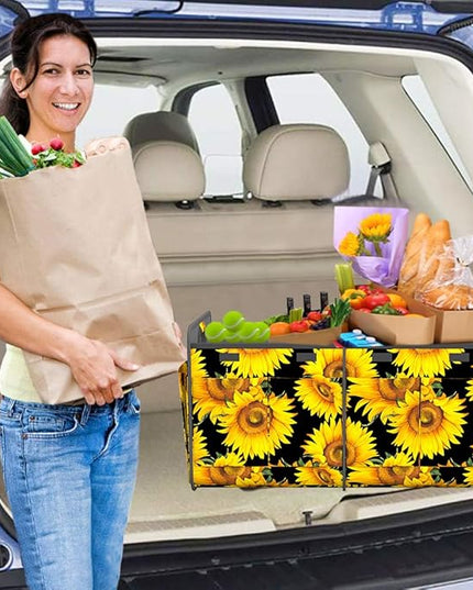 Homeve Trunk Organizer, Car Storage, Reinforced Handles, Collapsible Multi-Compartment, Foldable, Waterproof, Sturdy, 600D Oxford Polyester For Car, SUV, Mini-Van, Sunflower, 2 Compart