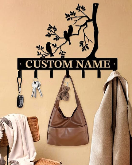 Personalized Custom Name Birds of Trees Wall Key Hooks,Metal Birds of Trees Art Clothes Hooks,Metal Birds of Trees Wall Home Storage Decorative,For Front Door, Hallway, Kitchen, Bedroom(Style G)