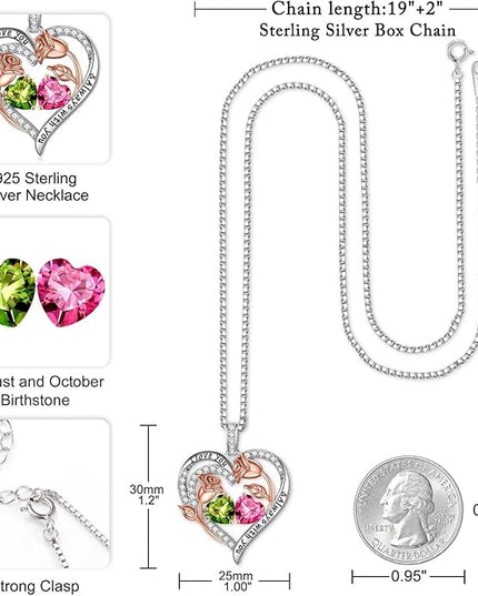 Iefil Christmas Gifts for Women Wife - 925 Sterling Silver Rose Heart Birthstone Necklace Birthday Anniversary Jewelry Gifts for Her Wife Mom Daughter
