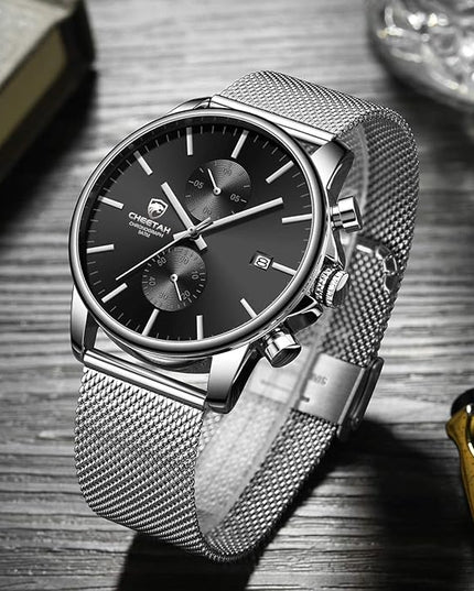 GOLDEN HOUR Mens Watch Fashion Sleek Minimalist Quartz Analog Mesh Stainless Steel Waterproof Chronograph Watches for Men with Auto Date
