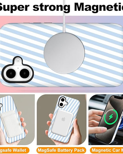 Magnetic for iPhone 16 Case Cute Diagonal Stripes Phone Case, Shockproof Slim TPU and Hard PC Protective Phone Cover Compatible with MagSafe Designed for Women Girls,Blue