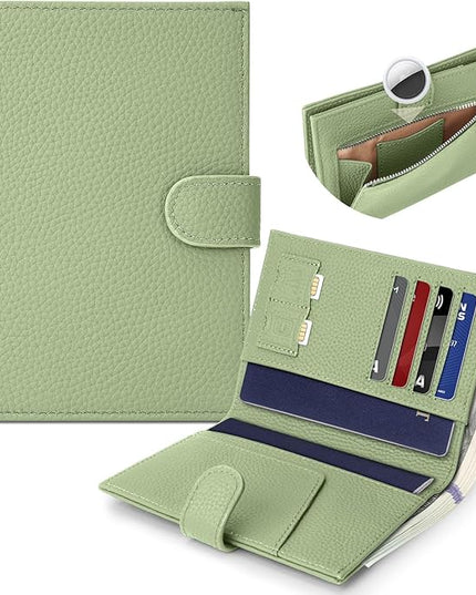 Genuine Leather Passport Holder for Women Men, Hidden Airtag Pocket, RFID Blocking, Zippered Coins Pocket & Cash Compartment Travel Gifts Essentials Passport Cover Case - Light Green