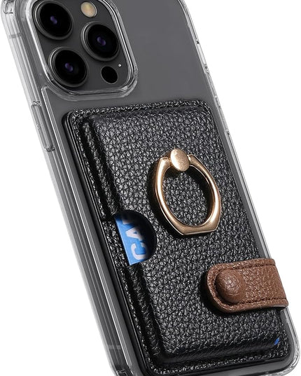 Wallet Stick on Phone Case, Credit Card Holder with Ring for Back of Phone Cases Flip Leather Wallet Sleeve Pouch Compatible with iPhone, Samsung Galaxy Android Most Smartphones Black