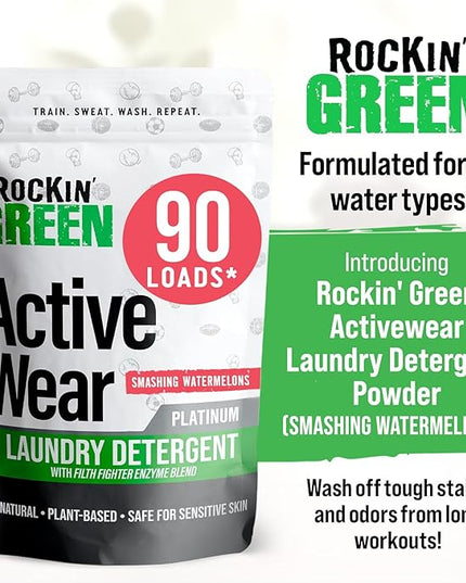 Rockin' Green Laundry Detergent, Plant based, All Natural Laundry Detergent Powder, Vegan and Biodegradable Odor Fighter, Safe for Sensitive Skin (Active Wear 90 Loads - Smashing Watermelons)